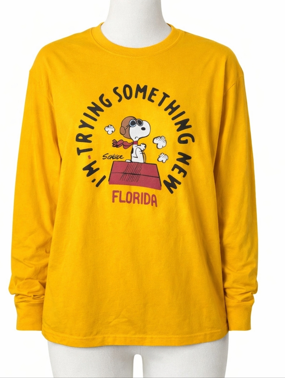 Peanuts Snoopy Florida Long Sleeve Tee Yellow Cotton Shirt M